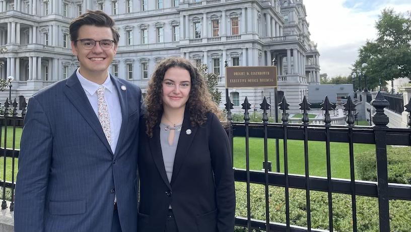 Andrew Fagerheim and Cedar Young outside the Dwight D. Eisenhower Executive Office Building